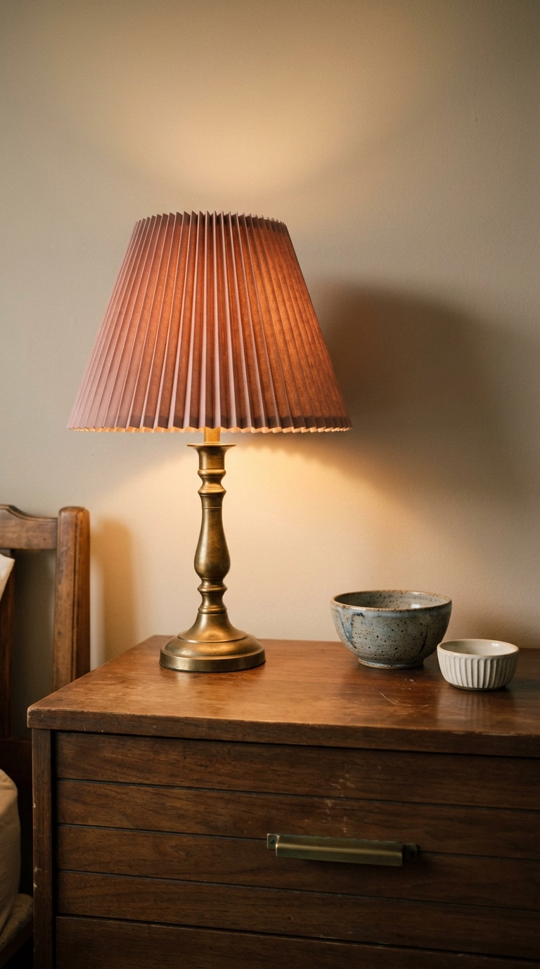 Brass candlestick lamp with a pleated dusty rose shade glowing on a walnut dresser