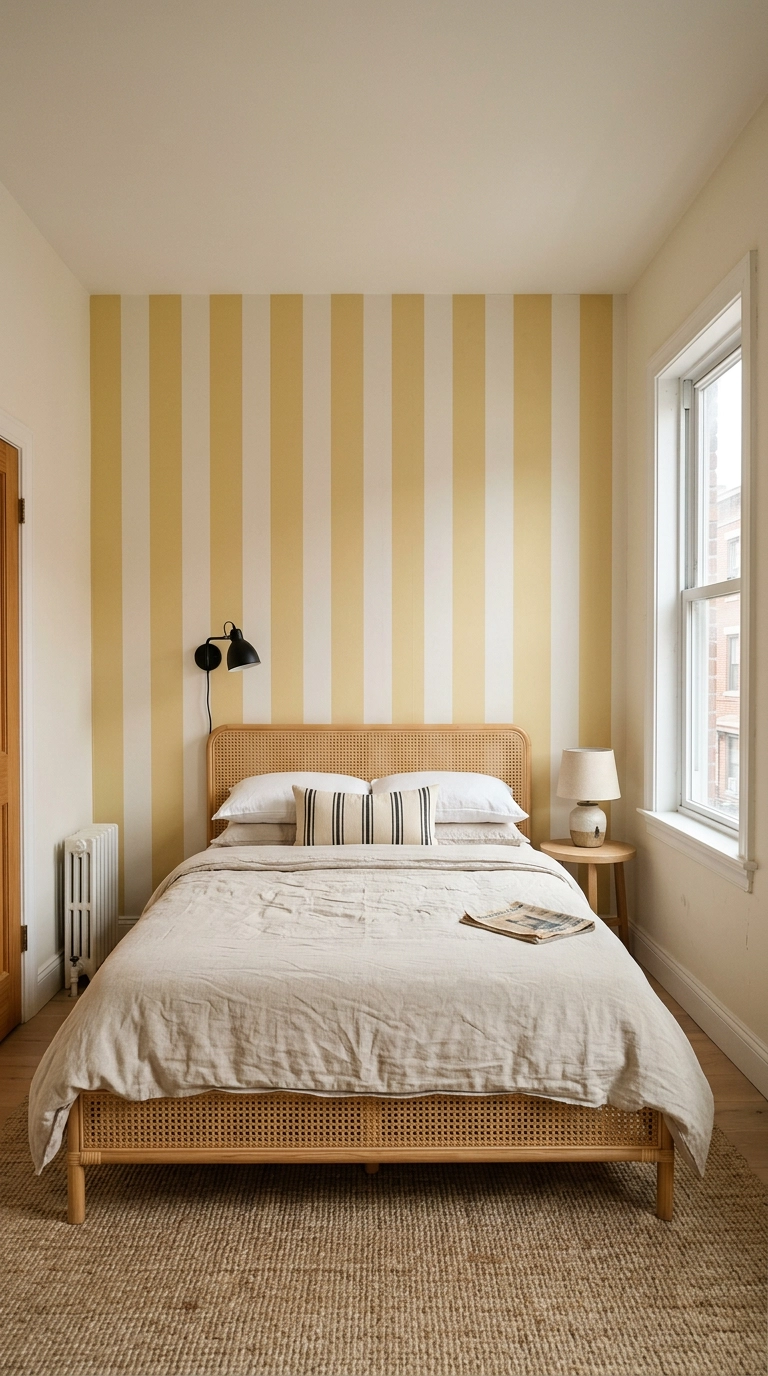 Rental bedroom with butter yellow and bone-white striped peel-and-stick wallpaper behind a cane bed