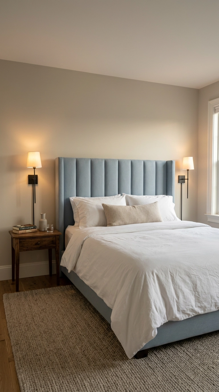 Tall powder blue upholstered headboard with black sconces and white bedding