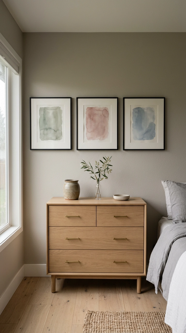 Three abstract pastel watercolor prints in thin black frames above a white oak dresser