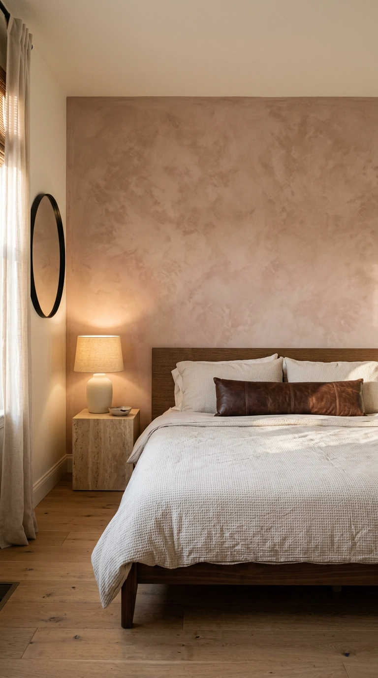 Clay pink limewash plaster accent wall behind a low walnut bed