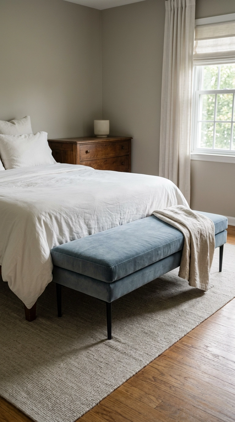 Dusty blue velvet bench with black legs at the foot of a bed with bone-white bedding