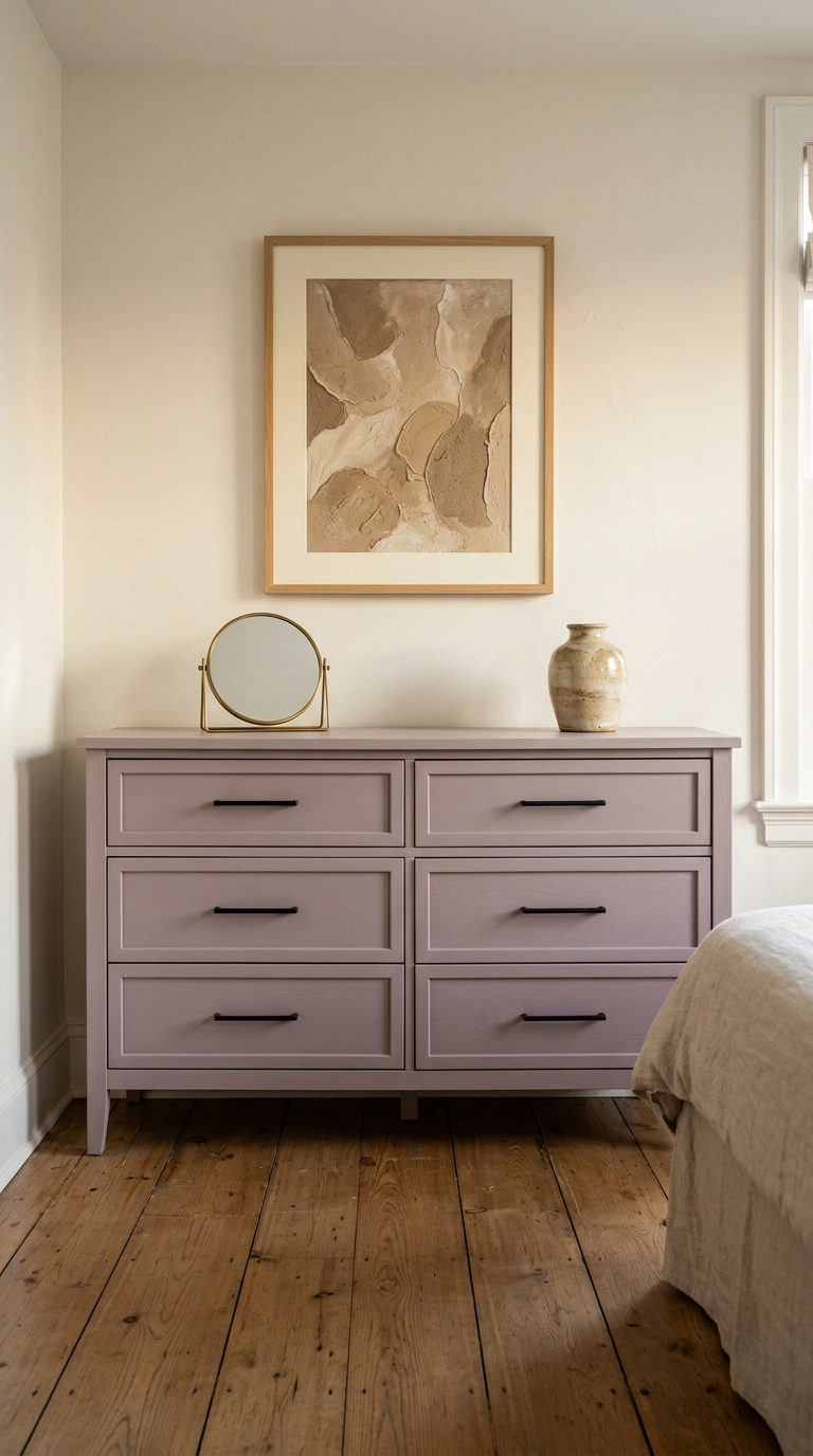 Vintage dresser painted muted dusty lilac with matte black bar pulls under abstract art