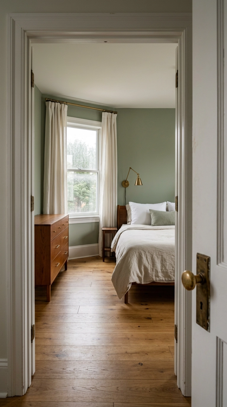 Sage green bedroom seen through a doorway with unlacquered brass curtain rod and sconce