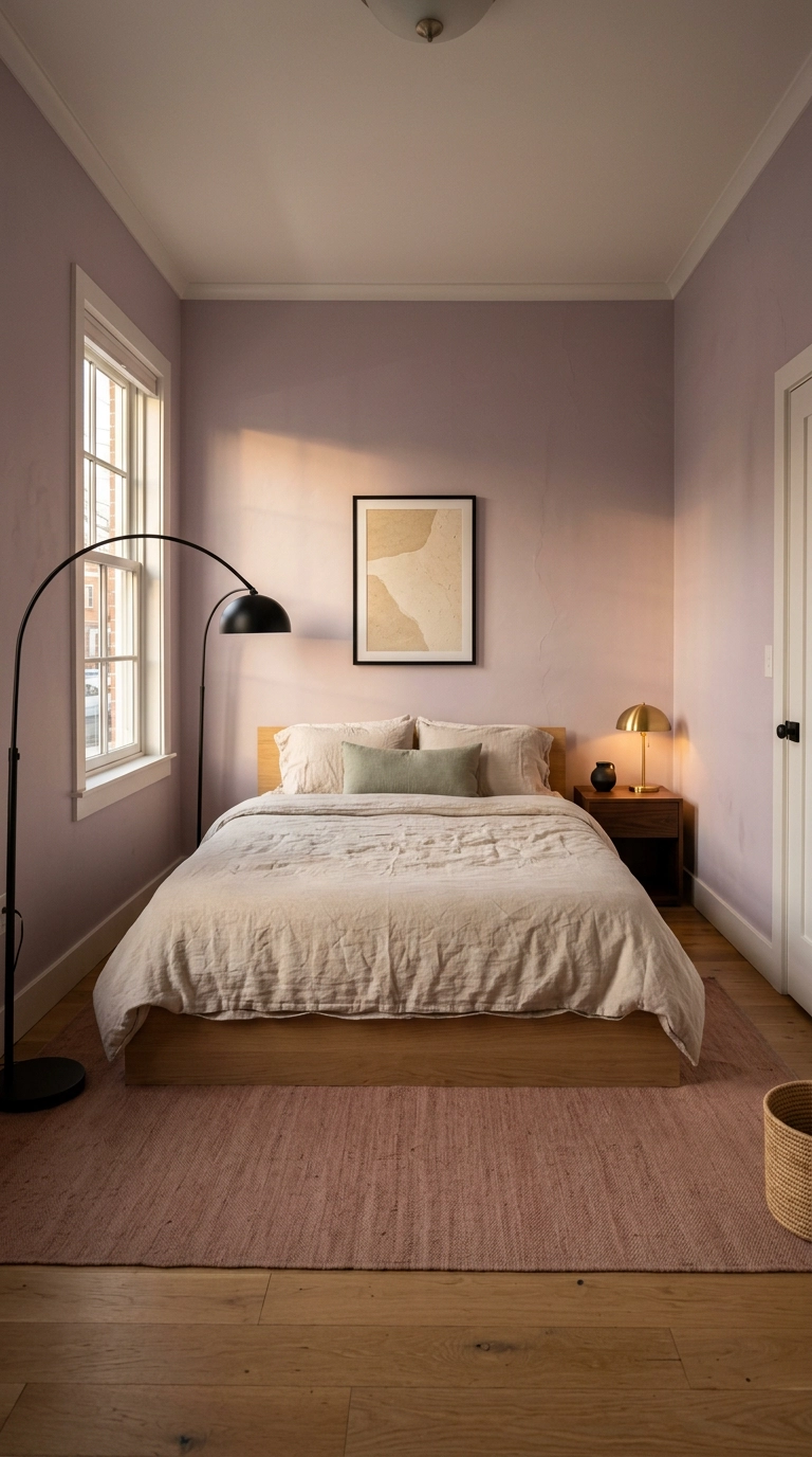 Dusty lilac bedroom grounded by matte black frames, lamp and a small ceramic vessel