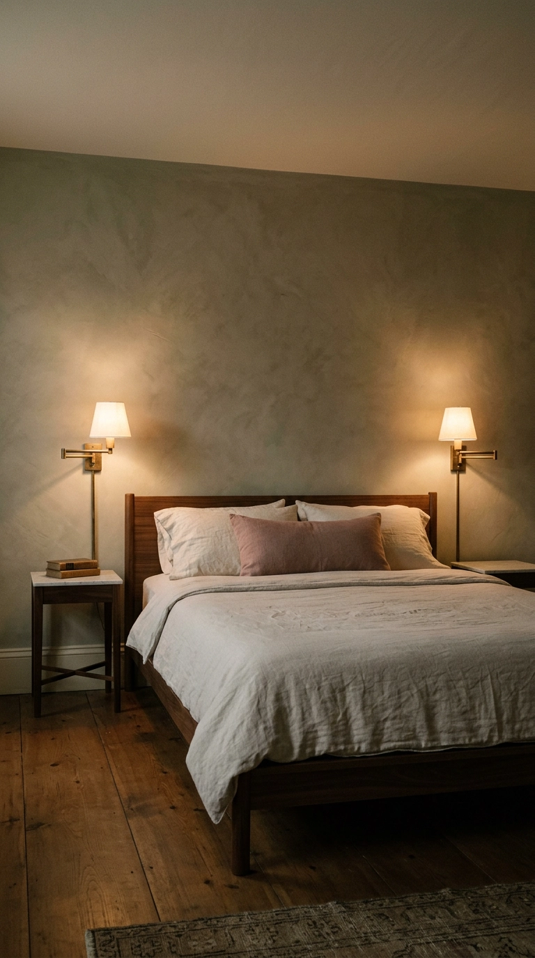 Brass swing-arm sconces glowing on either side of a low walnut bed with sage plaster walls