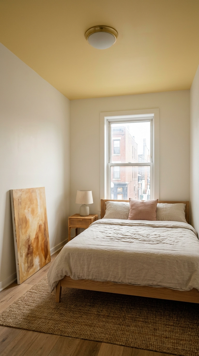 Small bedroom with butter yellow painted ceiling and white walls