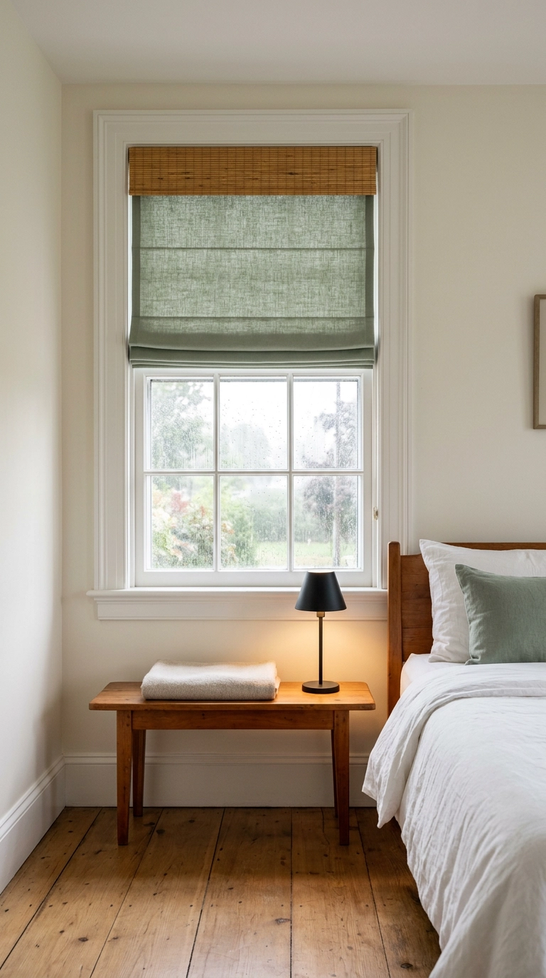 Sage green roman shade layered under a honey woven wood blind in a bedroom window
