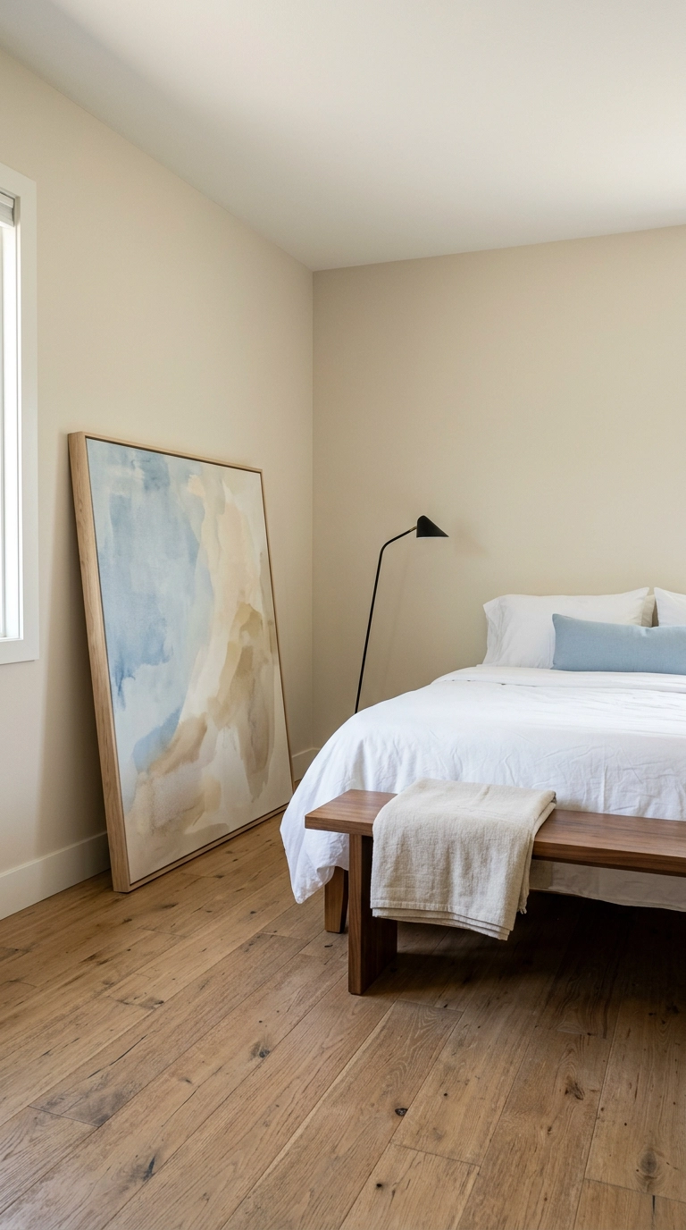 Oversized powder blue abstract canvas in a raw oak frame leaning against a bedroom wall