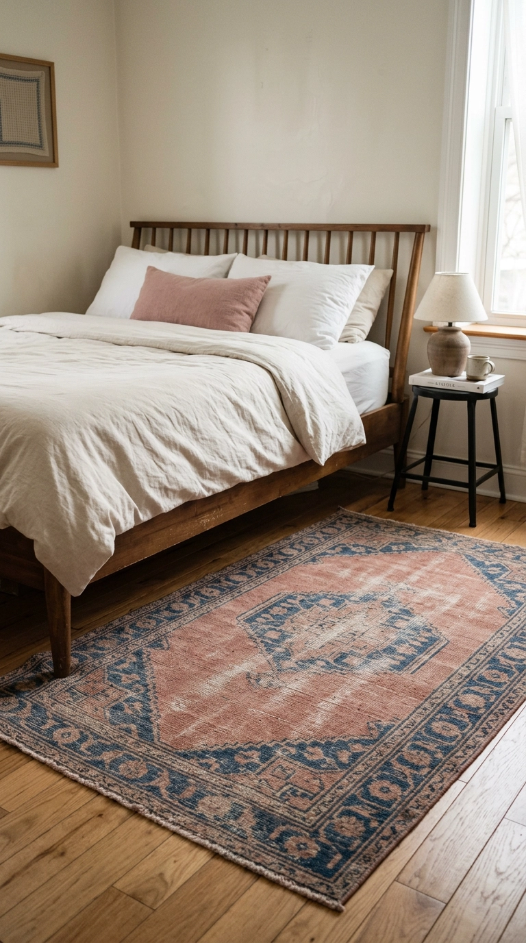 Faded vintage wool rug in dusty rose and blue at the foot of a walnut bed