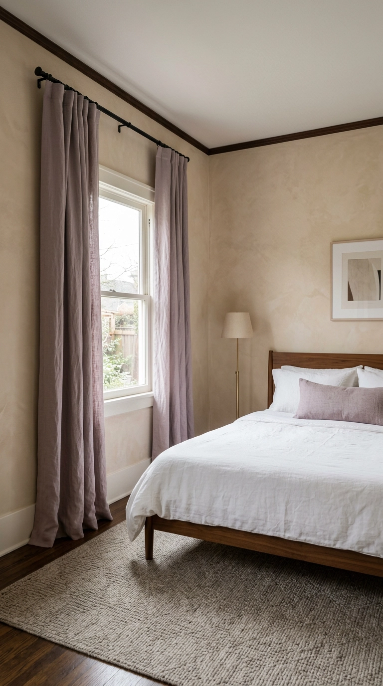 Dusty lilac linen curtains hung high on a black rod beside a walnut bed