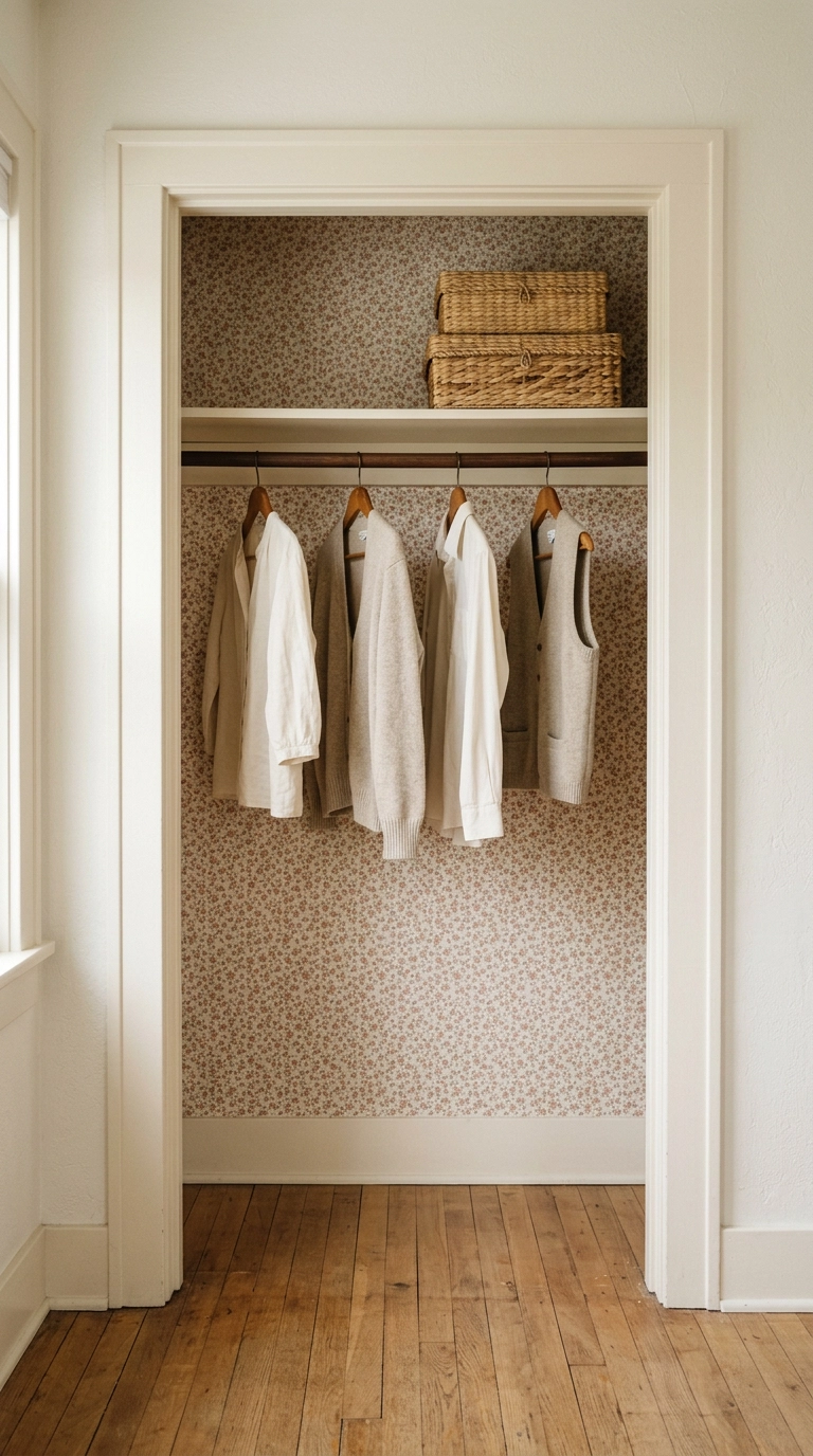 Closet interior papered in a small clay pink print with garments on a wooden rail