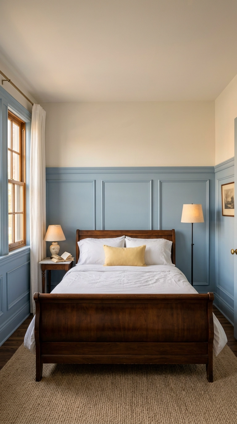 Powder blue picture-frame molding below a chair rail with a walnut sleigh bed