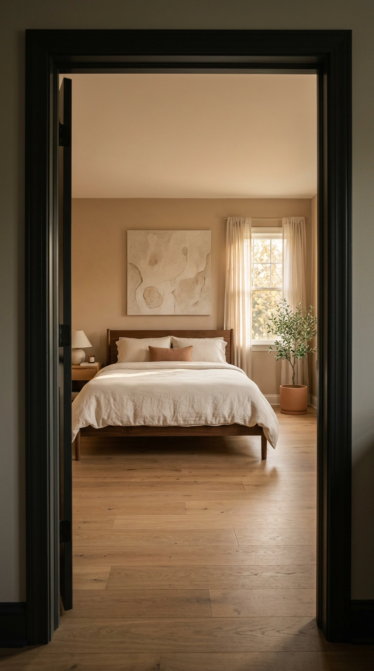 Peaceful bedroom framed through an open doorway with a centered bed and one large abstract canvas