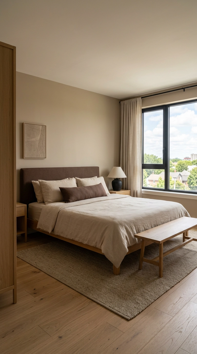 Peaceful bedroom in three tones of clay, sand and cocoa with a single black metal accent