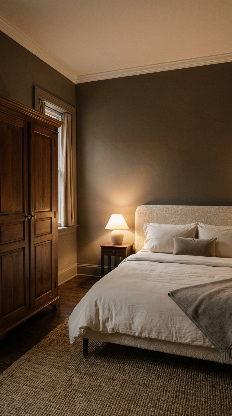 Peaceful bedroom with a closed walnut armoire hiding the work area from view