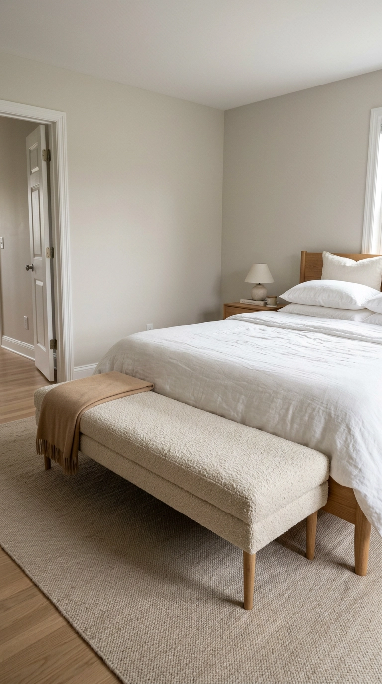 Peaceful bedroom with a long upholstered bench at the foot of the bed holding a folded throw