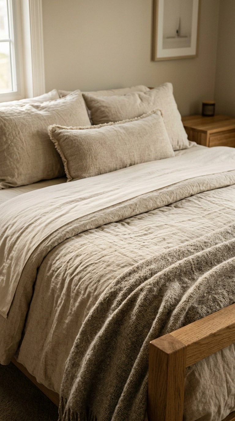 Peaceful bedroom bedding layered in heavy linen, brushed cotton and wool in one tonal family