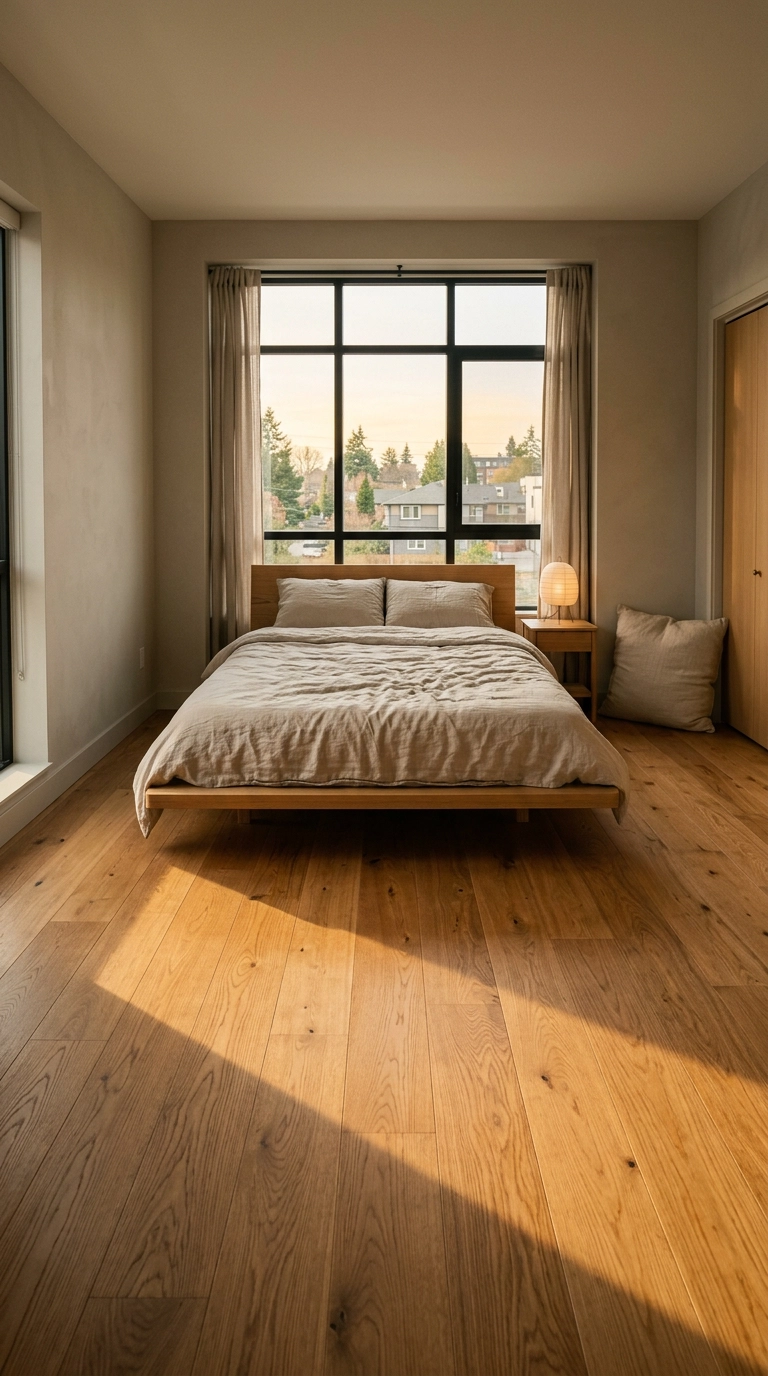 Peaceful bedroom with a wide band of clear bare floor surrounding the bed