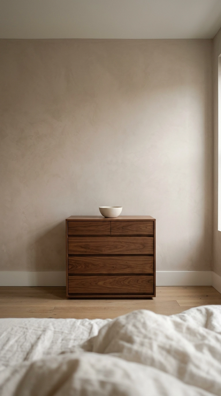 Peaceful bedroom seen from pillow height showing a deliberately bare opposite wall