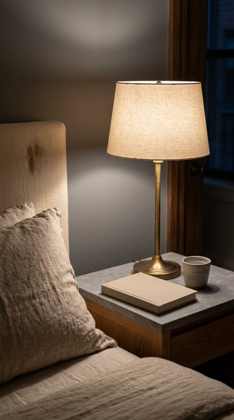 Nightstand vignette in a peaceful bedroom with the lamp shade set level with the pillow top