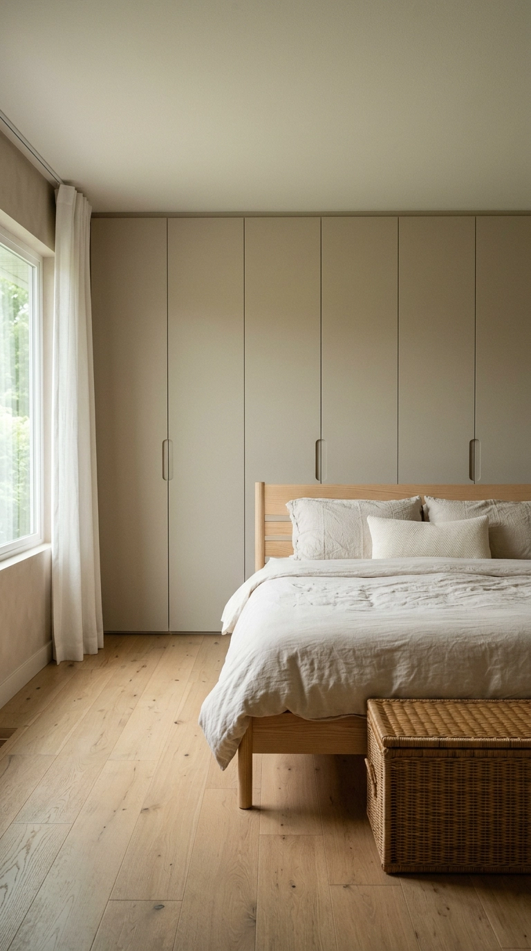 Peaceful bedroom with a full wall of flat putty-painted closet doors and no visible clutter