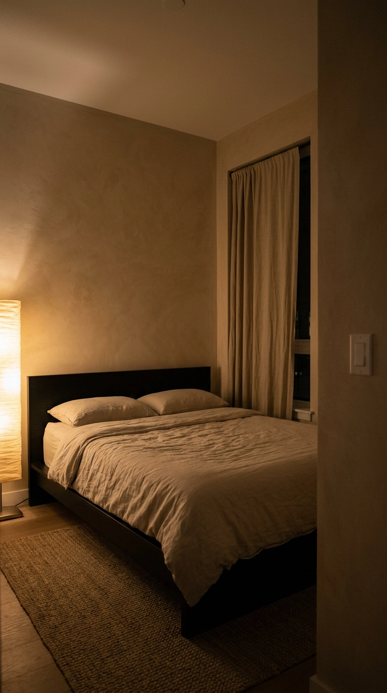 Peaceful bedroom at night lit by a single dimmed floor lamp in warm amber light