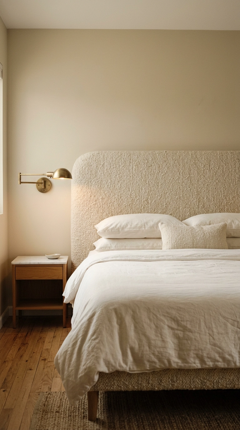 Peaceful bedroom with a tall wool upholstered headboard and a brass swing-arm sconce