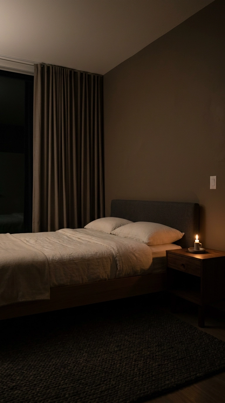 Peaceful bedroom at night with drawn curtains, a single candle and no glowing electronics