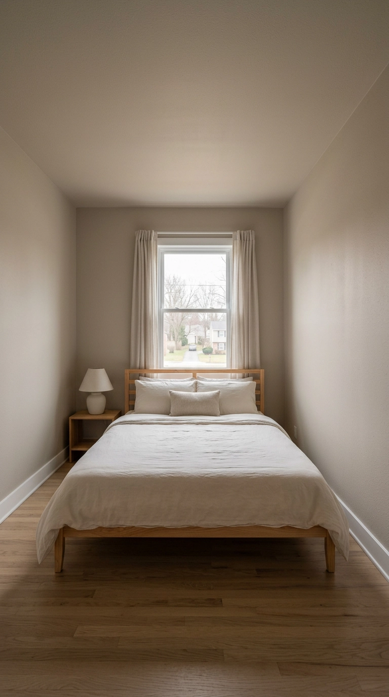 Peaceful bedroom painted in dead-flat matte taupe on both the walls and ceiling