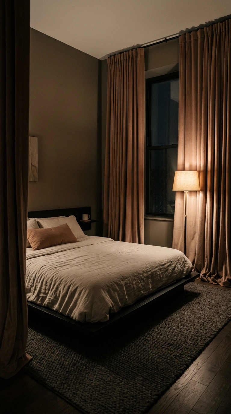 Peaceful bedroom with floor-to-ceiling lined velvet curtains absorbing street noise at night
