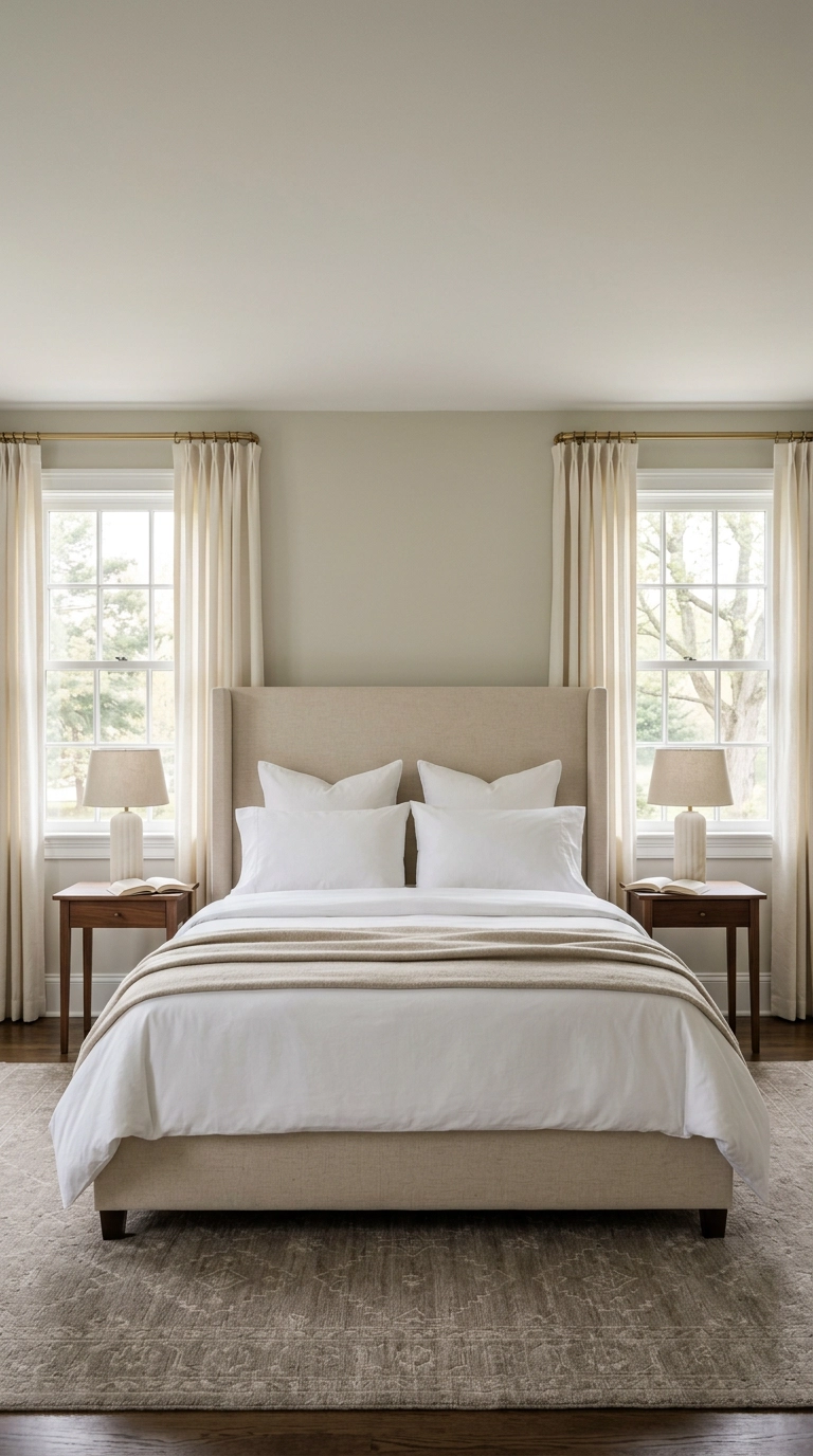 Peaceful bedroom with a perfectly symmetrical bed wall, matching nightstands and matching lamps
