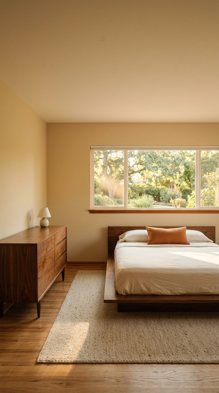 Peaceful bedroom with a very low platform bed and a long low dresser under empty wall space