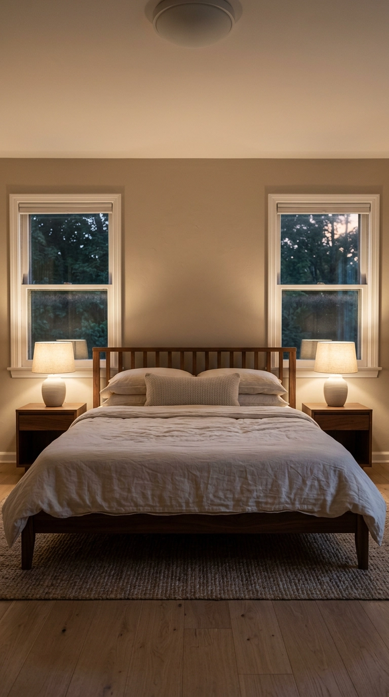 Peaceful bedroom lit only by two warm bedside lamps with the ceiling light switched off