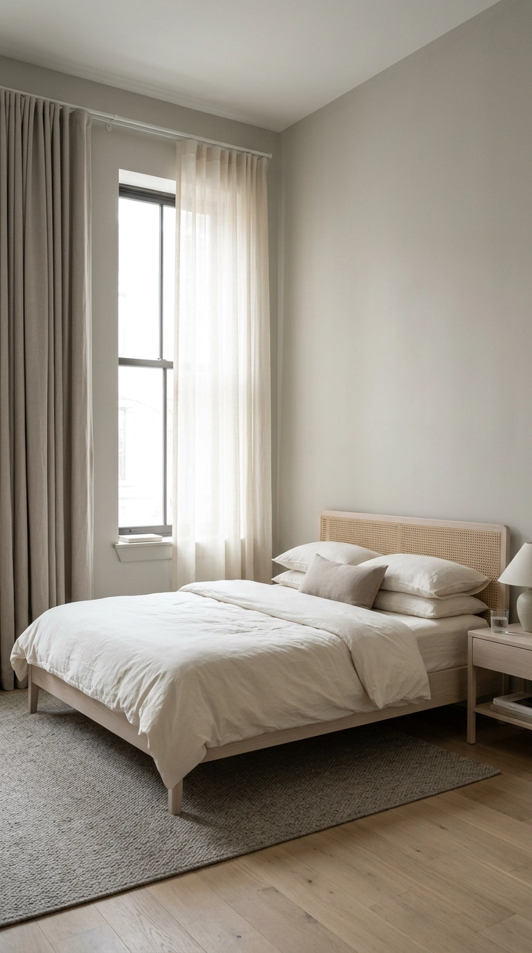 Peaceful bedroom window with a sheer light-filtering inner panel and a heavy blackout outer curtain