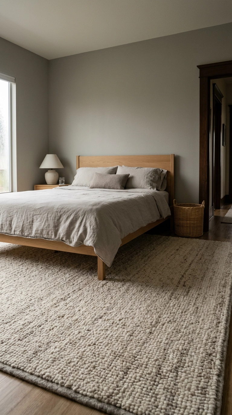 Peaceful bedroom with an oversized wool rug extending two feet past both sides of the bed