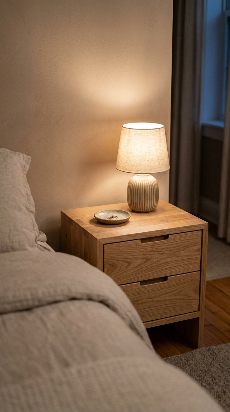 Peaceful bedroom nightstand with closed drawers, one lamp and one small dish