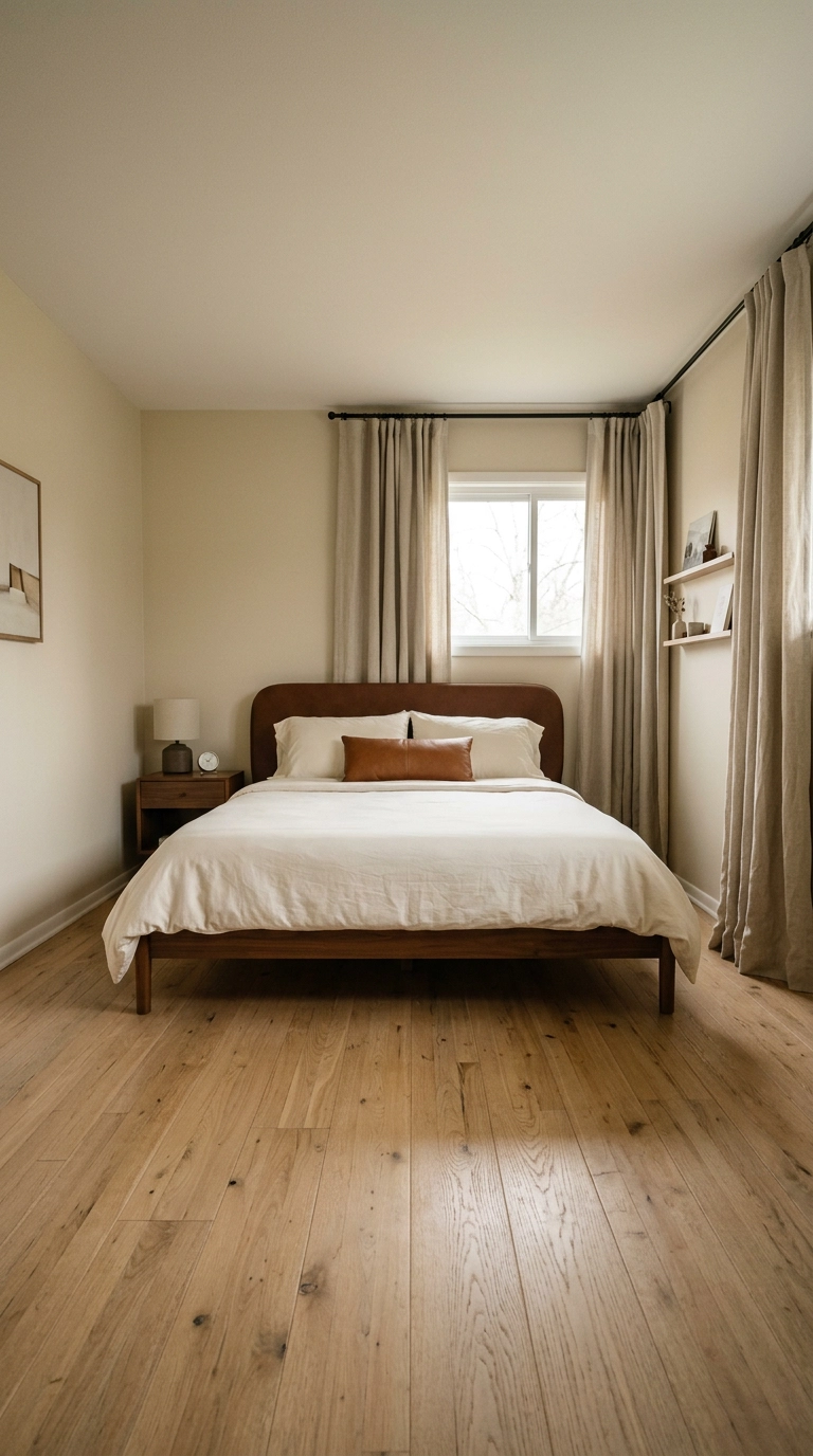 Peaceful bedroom with curtains mounted at the ceiling and hung wide past the window frame