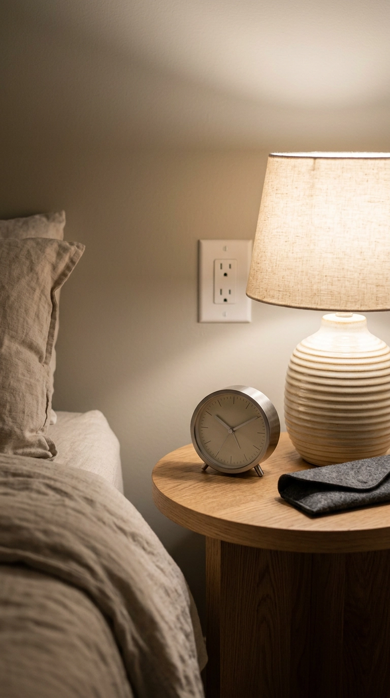 Peaceful bedroom nightstand with an analog clock and lamp and no phone or cables