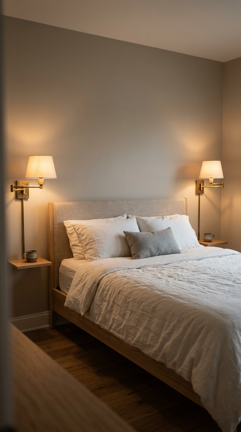Peaceful bedroom with brass swing-arm wall sconces above tiny floating nightstands