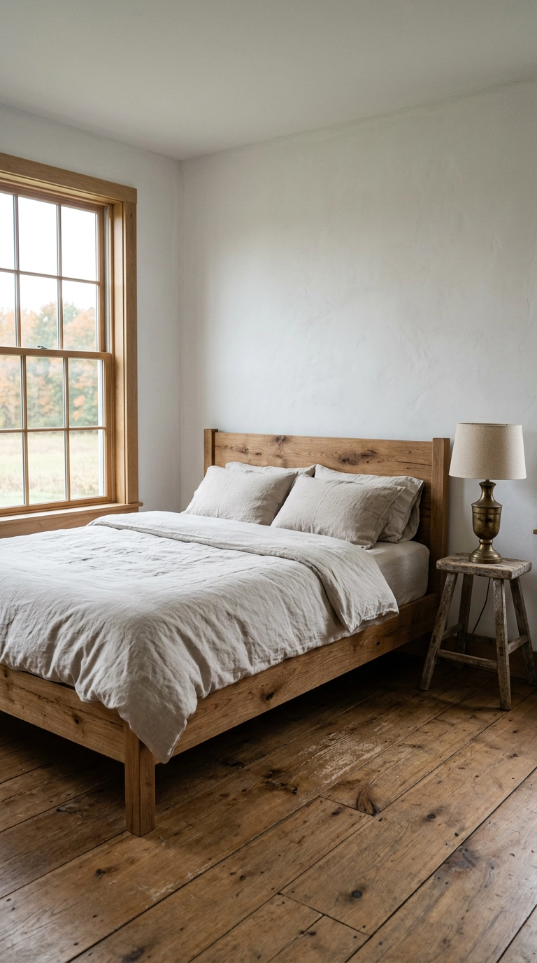 Peaceful bedroom with a raw matte oak bed frame and an unlacquered brass lamp with patina