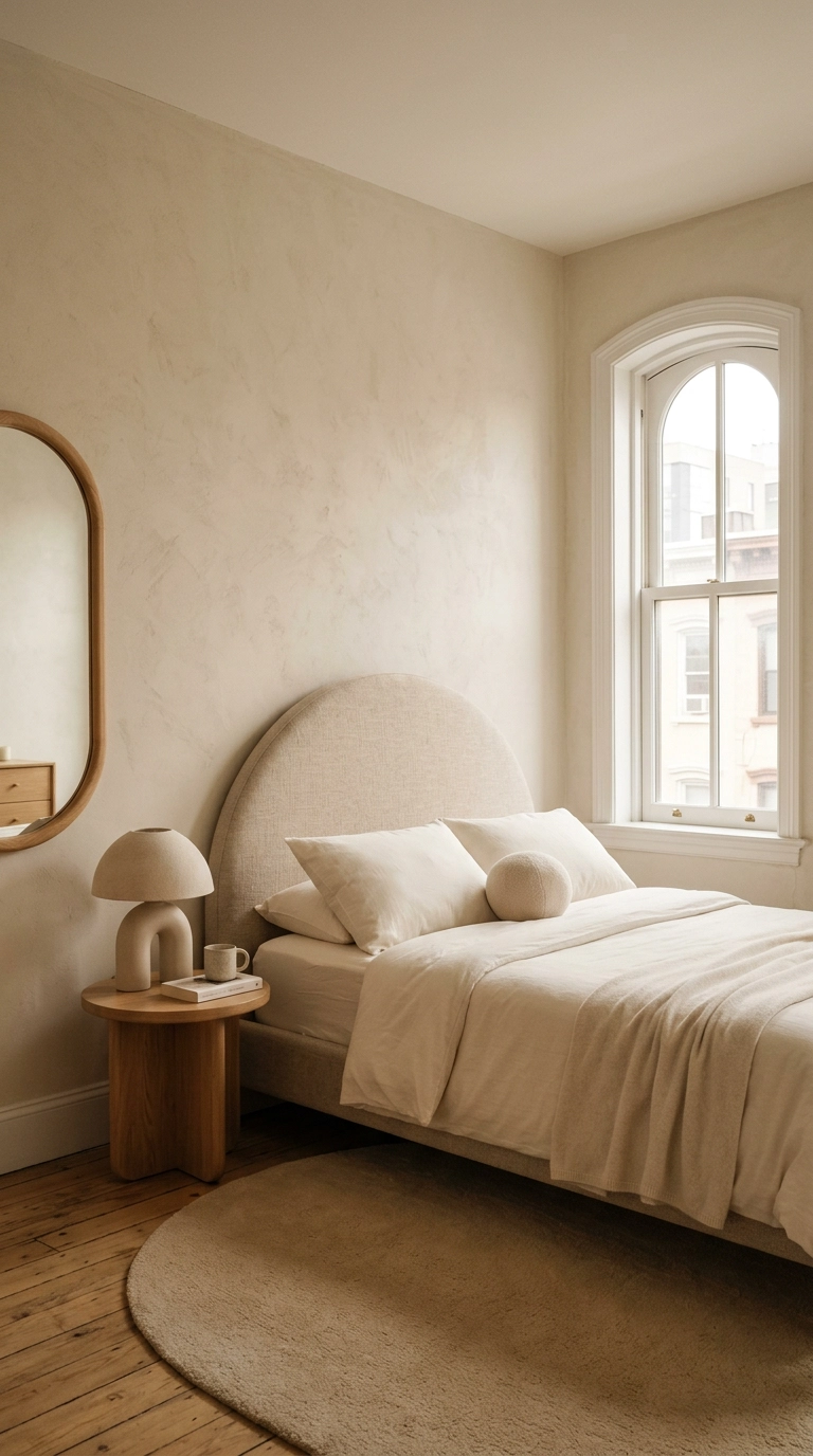 Peaceful bedroom with an arched headboard, round bedside table and oval rug