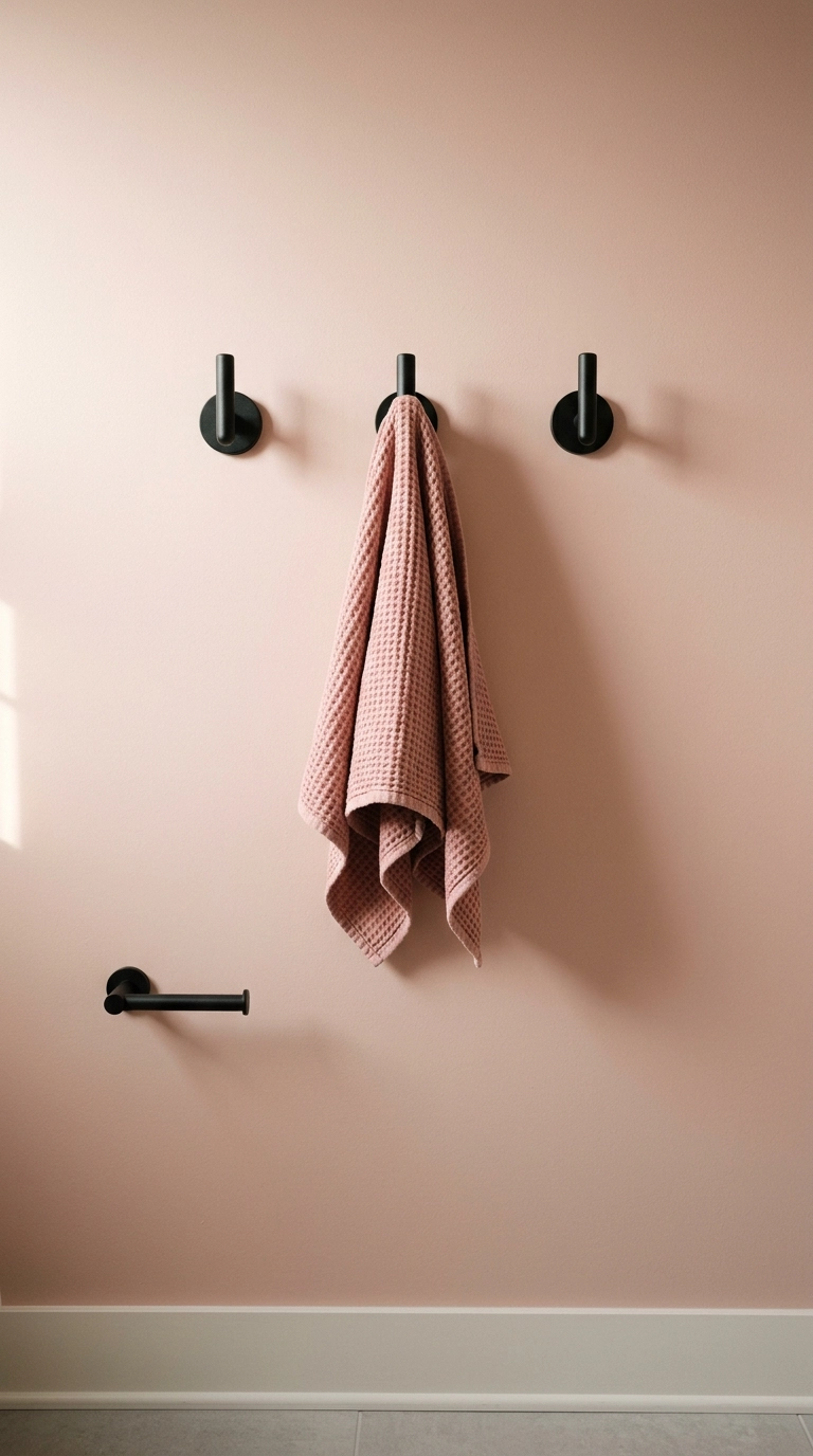Three matte black wall hooks on a blush pink wall with one rose waffle towel