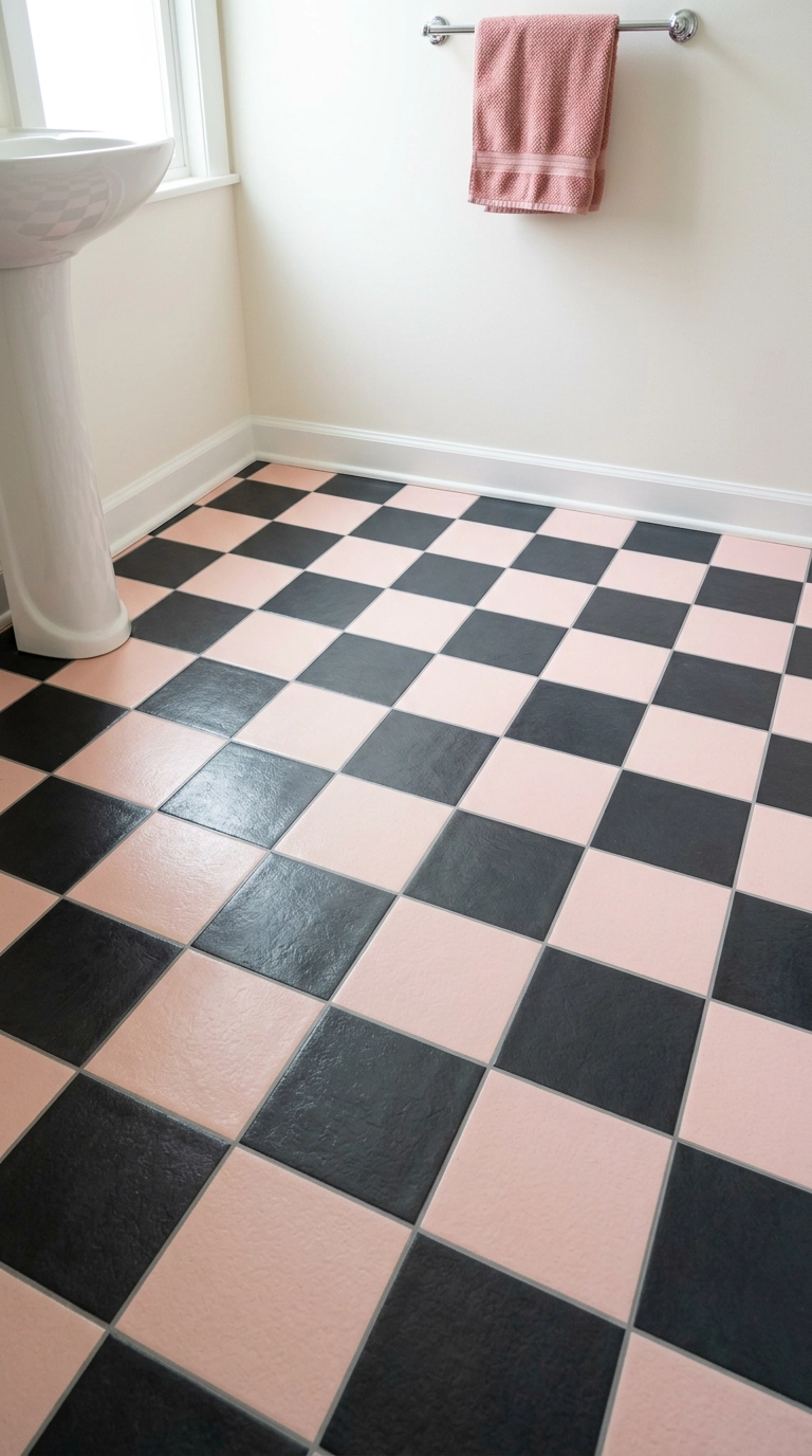 Charcoal and blush checkerboard peel-and-stick vinyl floor laid on the diagonal