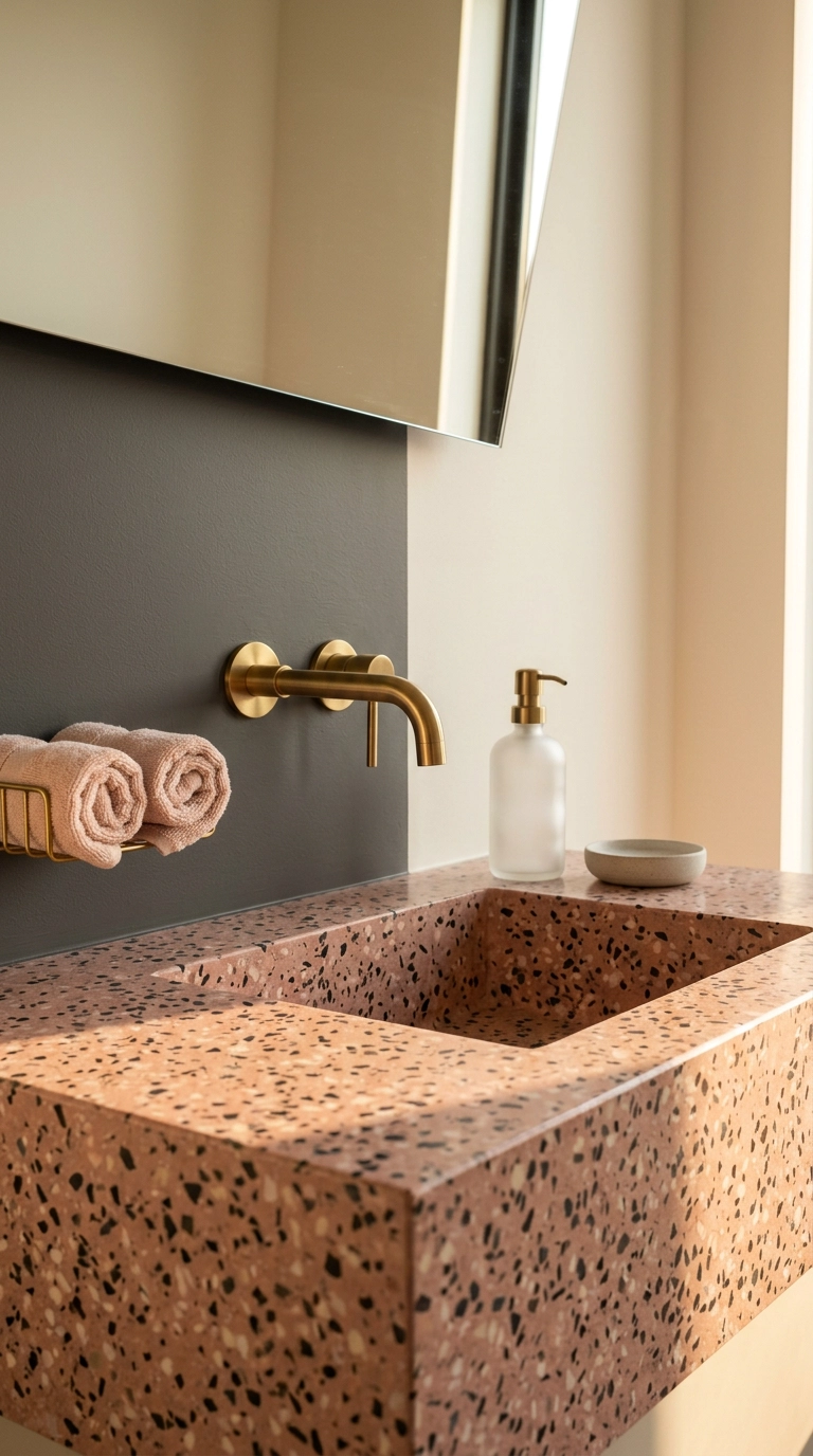 Pink terrazzo counter with charcoal aggregate chips and a brushed brass faucet