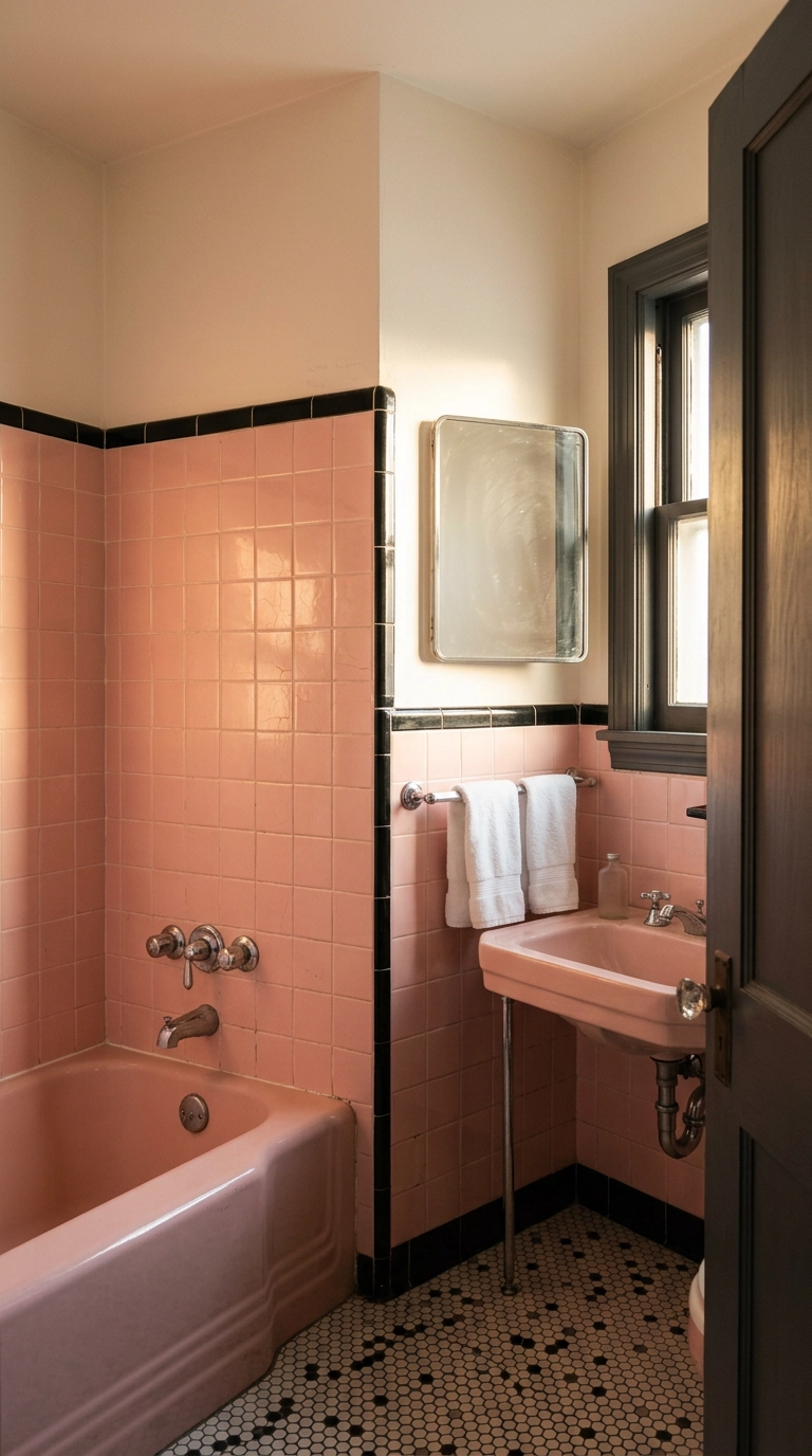 Original 1950s pink tile bathroom with a charcoal painted door and chrome fixtures