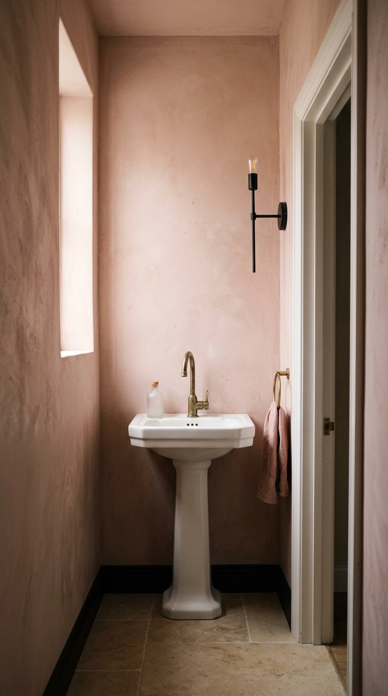 Dusty plaster pink powder room walls with a black sconce and aged brass faucet