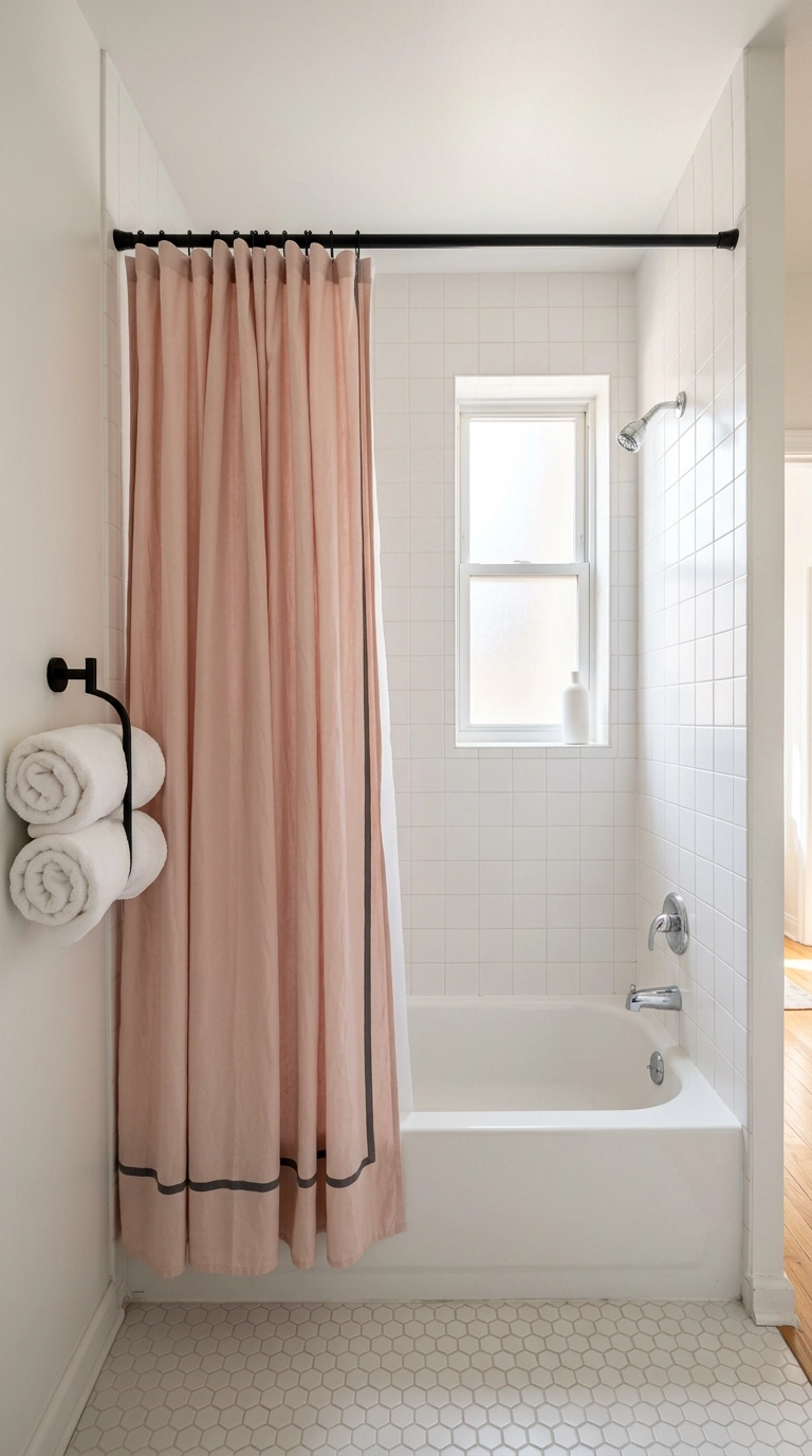 Blush pink shower curtain with a charcoal border stripe on a black rod above a white tub