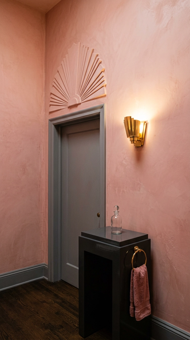 Carved plaster fan sunburst relief above a doorway in a plaster pink Deco powder room