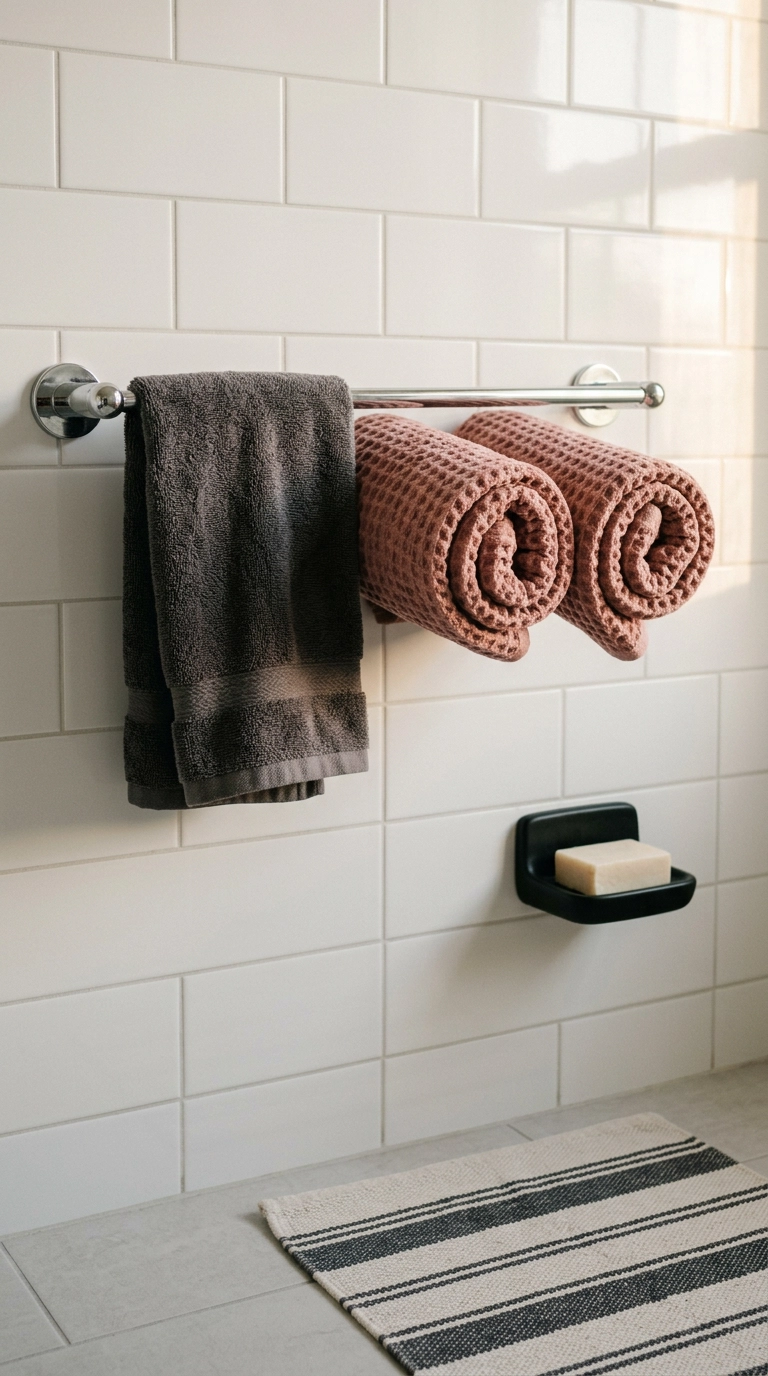 Dusty rose waffle towels with a charcoal hand towel on a chrome bar in a rental bathroom